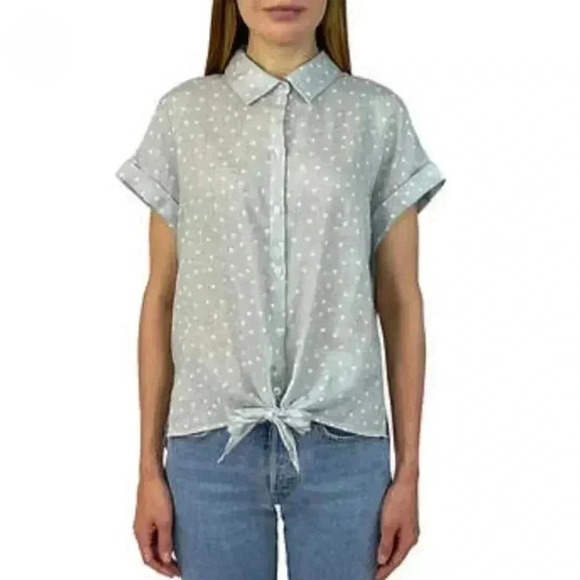 ❤️ NWT Jachs Girlfriend Short Sleeved Linen Blend Blouse Large Polka-dot Top - Picture 12 of 13